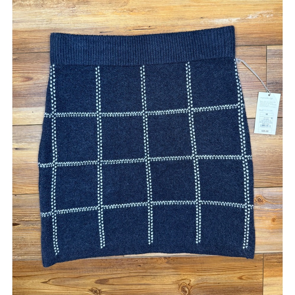 A New Day Navy Blue Windowpane Plaid Knit Sweater Mini Skirt Size M NWT
